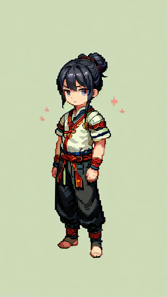 Ancient Chinese man in armor、Clever man、Looking into the camera、His hair is in a bun、Only one topknot、Black Hair、Stand and pose、Pixel art、(masterpiece, highest quality, highest quality), pixel,pixel art,whole body,Characters in Romance of the Three Kingdoms、Transform、Short Deformation、White embroidery is wrapped around the head、Handsome guy wearing trousers