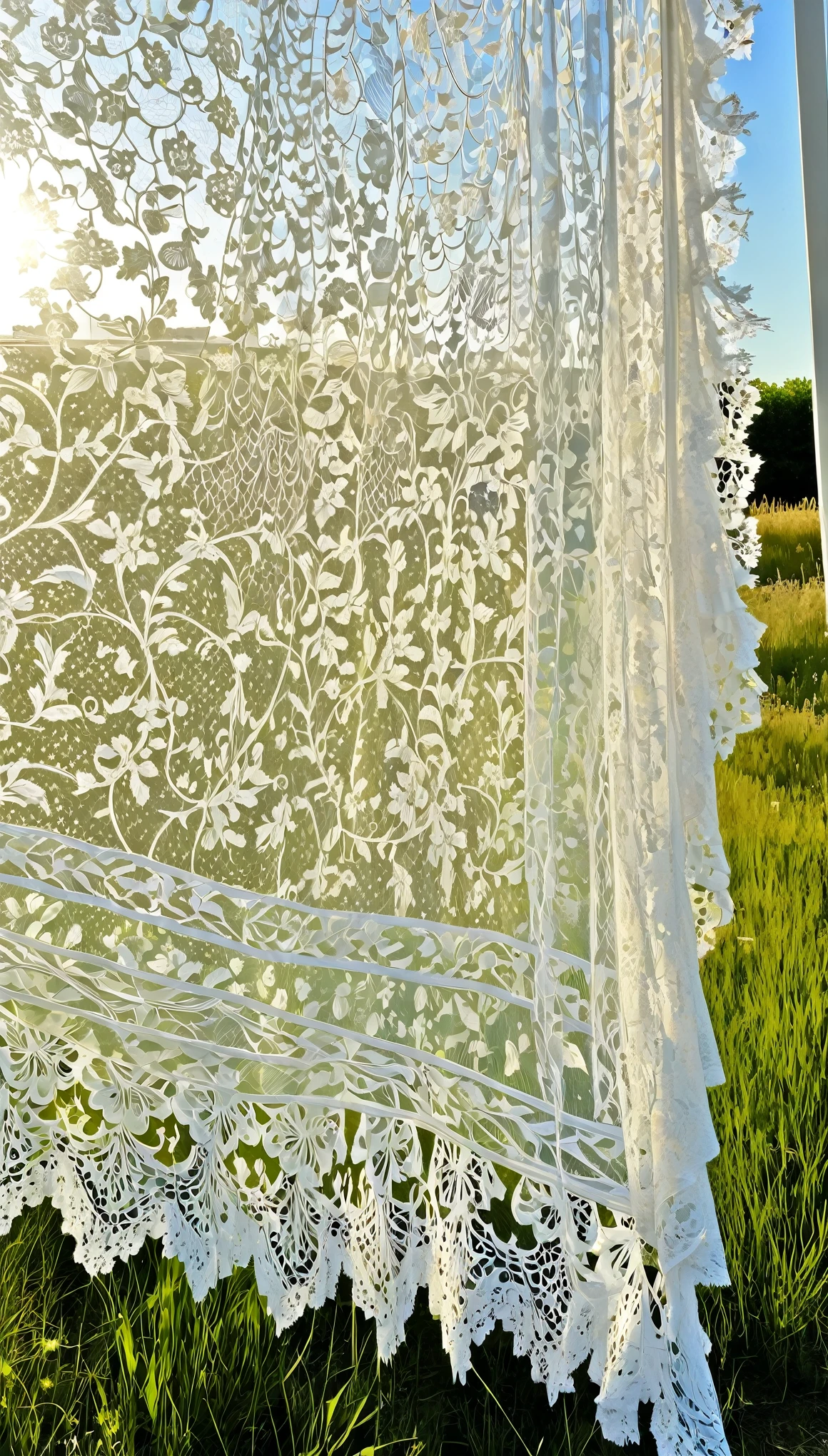 best quality, super fine, 16k, incredibly absurdres, extremely detailed, delicate and dynamic, clear prairie, dazzling sunlight, large piece of frilly white lace hanging out to dry fluttering in the wind, wind, wind effects, work of art depicting peaceful happiness