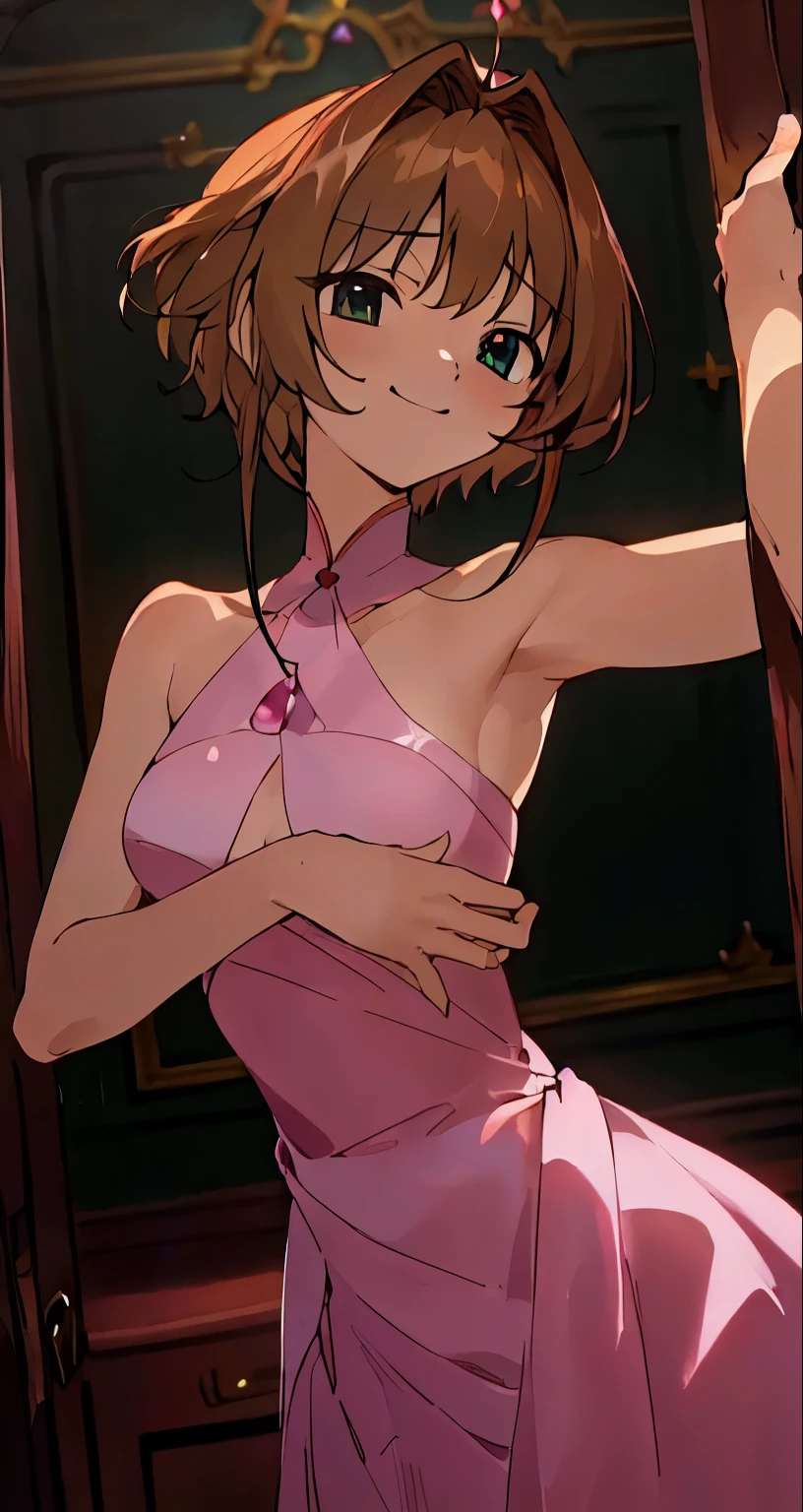 { masterpiece : best quality : high resolution : unity 8k wallpaper : illustration : beautiful detailed eyes : extremely detailed face : perfect lighting : extremely detailed CG } { in a dark creepy room } { sakura : perfectly small shape breast : perfectly fit body standing : elegant princess dress : perverted smirk : sexy pose : armpits }