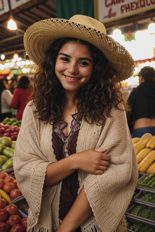 une femme mexicaine, at a Mexican market, porter un sombrero et un poncho, curly hair Raw photo, DSLR, (profondeur de champ), cheveux traditionnels, pose ludique, 21 ans, souriant, un temps superbement ensoleillé, soft lighting,