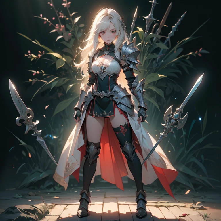 (((masterpiece, best quality, high detailed, 8k))) Design a layout showcase Gaming character, (1girl). Red|Black clothes, stylish and unique. ((showcase weapon:1.4)), enchanted sword. (masterpiece:1.2), (best quality), 4k, ultra-detailed. (Step by step design, layout art:1.5), (luminous lighting, atmospheric lighting). warrior, ((glove full hands)), (((revealing clothes:1.3))), vambraces, armored legwear, (((full_body_shot:1.4))). {In a mystical forest}.