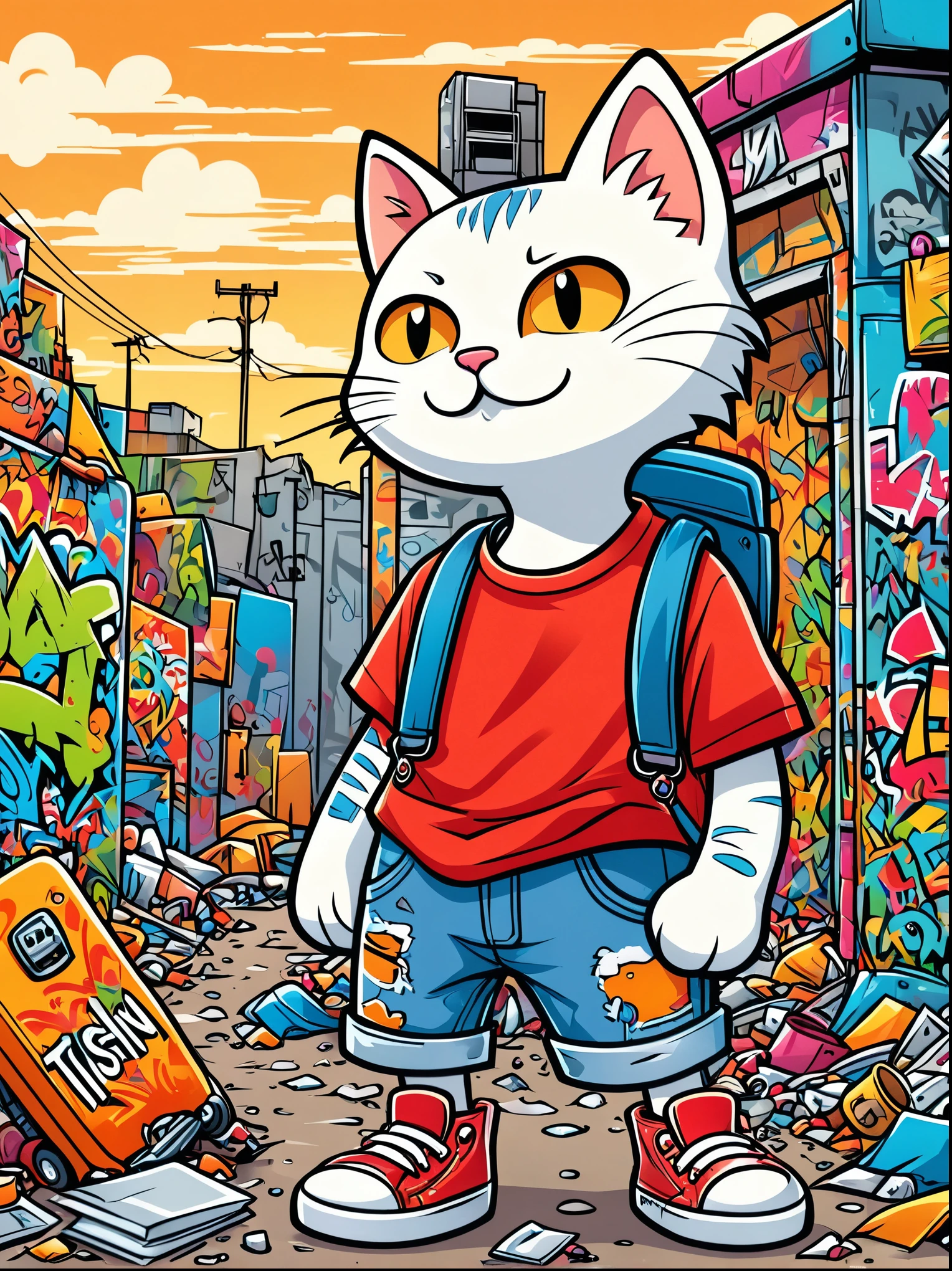 (Cartoon doodle style:1.2), Vector illustration，A very pitiful anthropomorphic kitten image，solo, Wearing a tattered red linen shirt and denim overalls，Wearing tattered cloth shoes，Carrying a super bag on his back that is taller than it, Kitten standing on a bigger, In front of a more obvious garbage dump，In the background is a road completely covered in graffiti，Doodle style background, Comic Art，Anatomically correct, Textured Skin, Adds whimsy to the scene, 1xhsn1