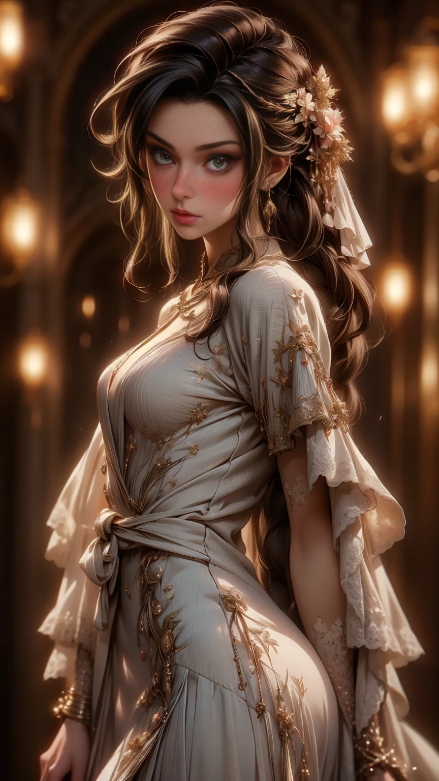 hermosa doncella detallada vestida con un hermoso vestido de encaje blanco:1.3, years style:1.2, elegant mansion of the years interior, hiper detallado, 8K, Alta calidad, ultra realista, realistic lighting, Fotorrealista, cinematographic, rostro y ojos muy detallados, hermoso vestido detallado, detalles intrincados, chiaroscuro lighting, dramatic shadows, warm color tones, golden hour lighting, ornate decoration, muebles de lujo, suelos de parquet.