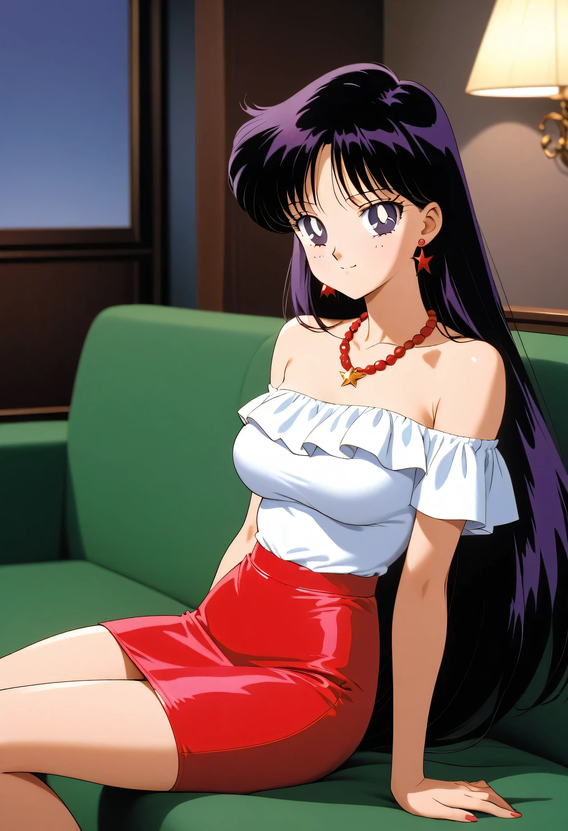 aamars, very long hair, black hair, parted bangs, purple eyes, 1990s \(style\), 1 girl, solo, Best quality, masterpiece, High Definition, strapless, short sleeve white ruffle off the shoulder tank top, a skin tight red pencil skirt, sitting on the sofa, arms at sides, necklace, indoors, seductive smile