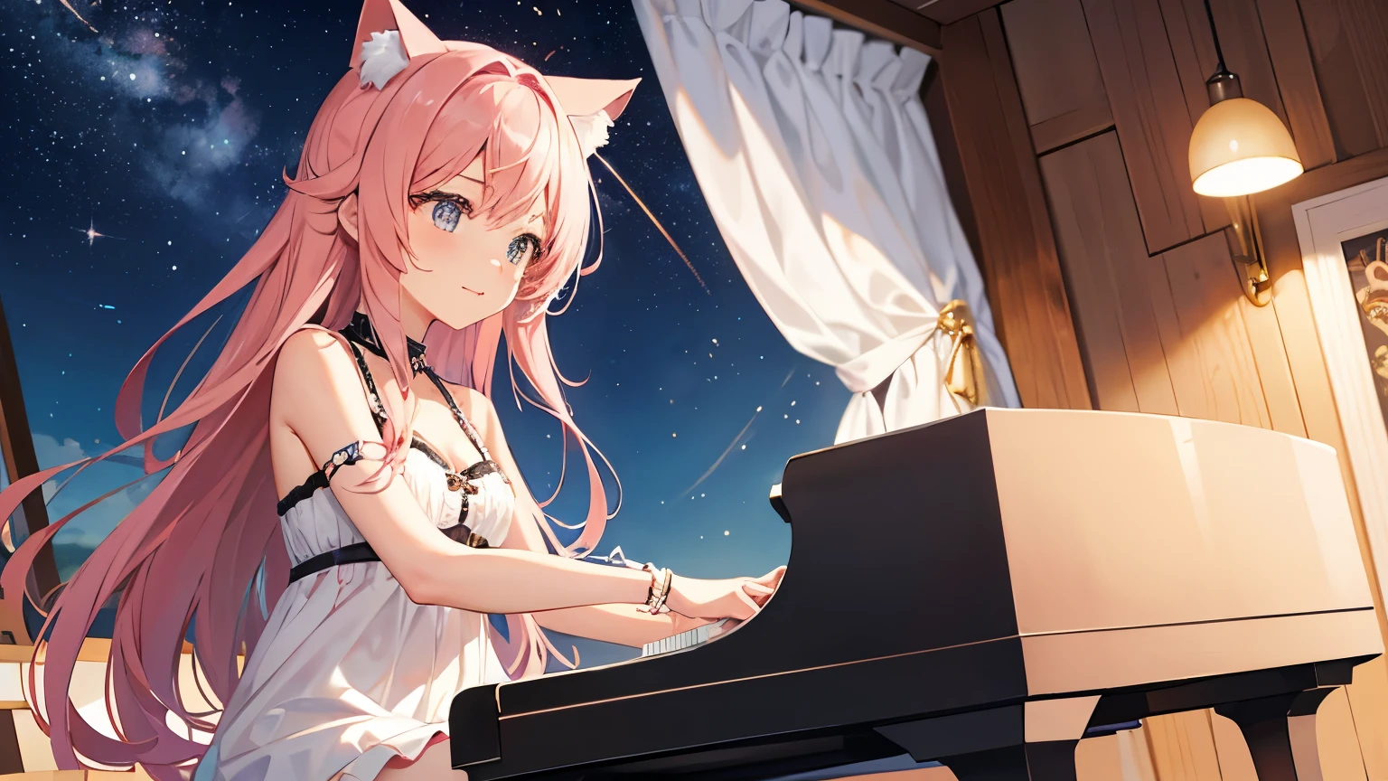 Imagine a scene of a girl playing piano under the stars.. anime, Pink Hair, Cat ear. That's her charm.