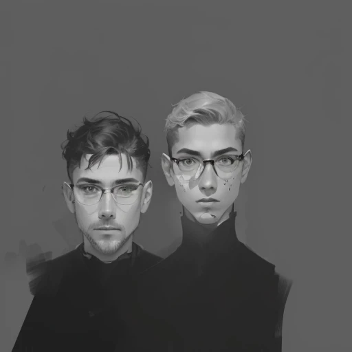 two men with glasses on their faces are standing next to each other, mostly greyscale, greyscale, both faces visible, digital sketch, two heads, shading study, loish and wlop, halfbody portrait, grayscale, gray scale, digital matt painting, eerie and grim art style, character face study, 2d portrait, symmetrical portrait scifi