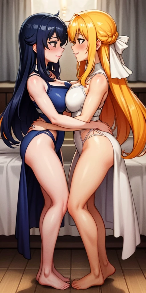 Body position: Standing, straight, symmetrical, barefoot,  smile on face with red blush, 2 girls who gets married and stands in front of many people, kissing