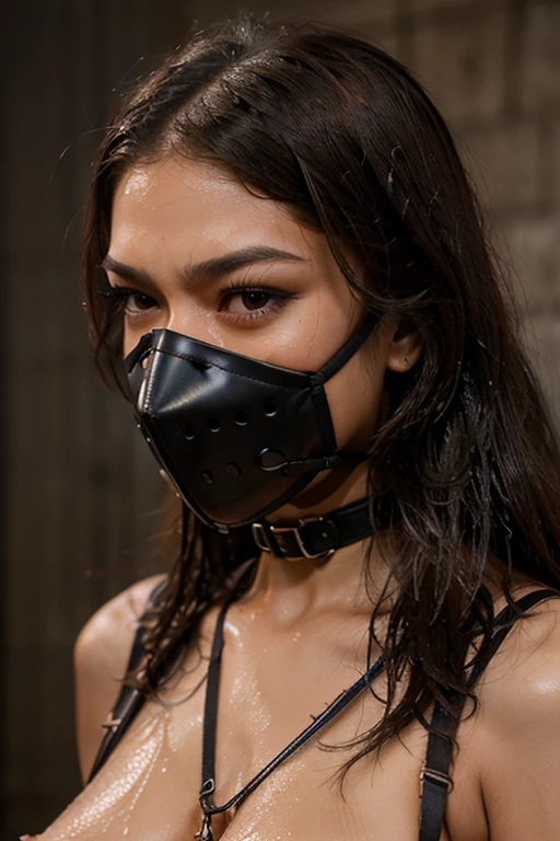 Zendaya, (bdsm, bondage muzzled, drool dripping, dangling) cleavage, sexy bra, 8k, realistic, drool on chest, close up head and upper body, pleading eyes, drooling, wet, muzzle, long hair 