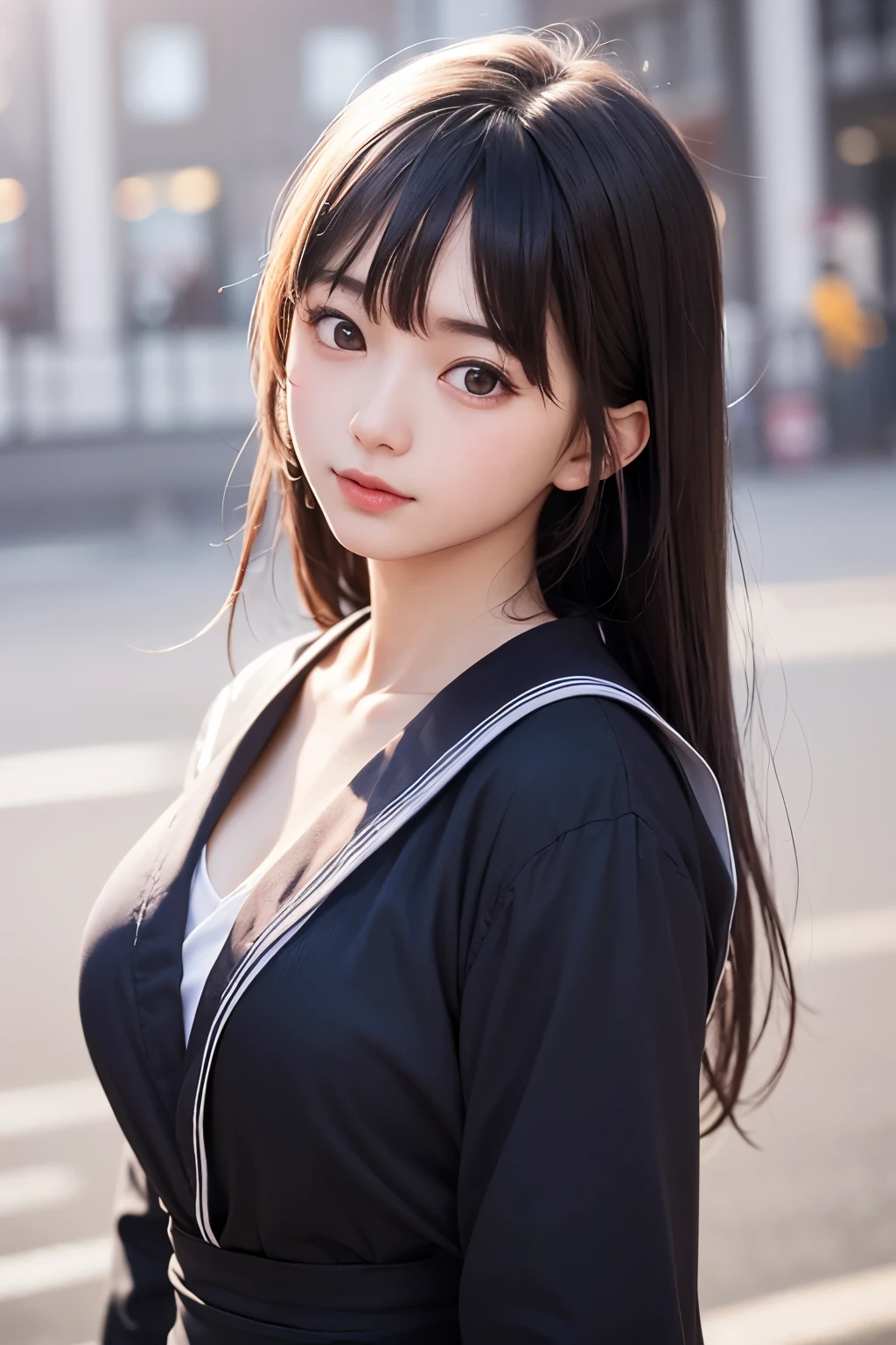 (1 nogizaka girl,raw photo,photo realistic:1.5),(best quality, high quality,HDR, highest quality,ultra high resolution,high resolution,high res,ultra high difinition,huge file size,8K,2K wallpaper,8K wallpaper,high quality texture,amazing,an extremely delicate:1.4),one girl, Japanese famous idol,beautiful face,small face,absurd,ridiculous,incredibly ridiculous,portrait,breasts close up,blurry background,(school uniform,cleavage,no makeup:1.2),(six_heads tall),medium skin,beautiful skin,detailed skin,six heads tall,black hair,silky hair,(Japanese eyes:1.3),detailed eyes,black eyes,Japanese idol eyes,triangle eyes,Japanese nose,5-fingers,(Light Particles, Lens Flare, Luminous Particles: 0.7),looking at viewer,bright lighting,professional lighting,girl