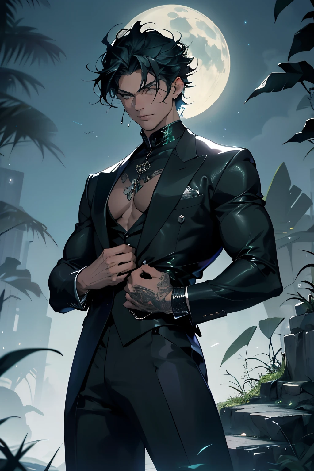 A majestic and sensual figure of a man is highlighted against the tranquil backdrop of a moonlit scene. His dark green elegantly tailored suit, adorned with silver details, accentuates his muscular physique, imposing in its presence. The moon, a silvery disc, casts a soft glow upon him, illuminating his piercing green eyes, which seem to radiate an otherworldly aura with their dragon-like pupils. His short, black hair contrasts sharply with his fair, radiant skin, adding to the allure of this nocturnal scene. The cool, calculated air of mystery that surrounds him amplifies the sensuality that emanates