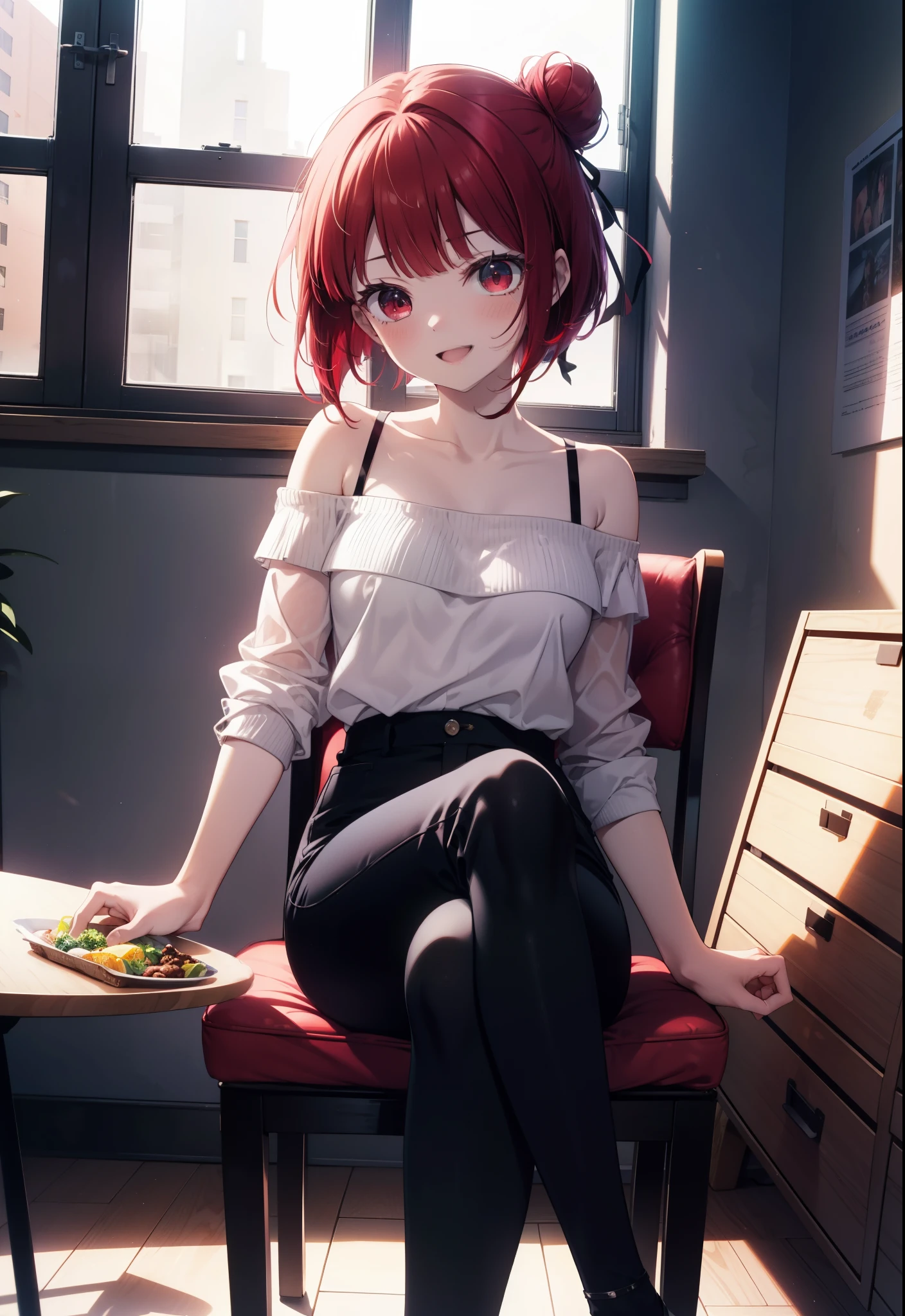 Arima etc.., Arima Kana, (Red eyes:1.5), Red Hair,Short Hair,Bob Hair,happy smile, smile, Open your mouth,Hair Bun, single  Hair Bun,Redhead,Off-the-shoulder shirt,Exposing shoulders,skinny pants,Stiletto heels,sitting cross-legged on a chair,There is a lunch box on the table,whole bodyがイラストに入るように,Daytime,Clear skies,
壊す looking at viewer,whole body,
Breaking indoors,office,　　　　　　　　　　　　(masterpiece:1.2), highest quality, High resolution, unity 8k wallpaper, (shape:0.8), (Beautiful and beautiful eyes:1.6), Highly detailed face, Perfect lighting, Extremely detailed CG, (Perfect hands, Perfect Anatomy),