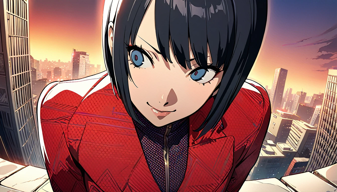 1girl, expressive eyes, sneaky smile, black hair, red patterned clothes, big urban city in sunset in background, jojo stand in background, detail richness, masterpiece, best quality, PERSONA style, Soejima Shigenori style