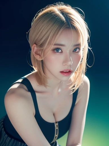 A young and sensual woman, 33 years old, Light blonde hair bun , Sensual and seductive look theme, (Full Waist Fade:1.3), Colorful Themes, Calm tone, Calm colors, High Contrast, (Realistic and natural skin texture, realism, Gradient Lights, Sharp focus ), Above Knee Pose , Moist ,Cleavage