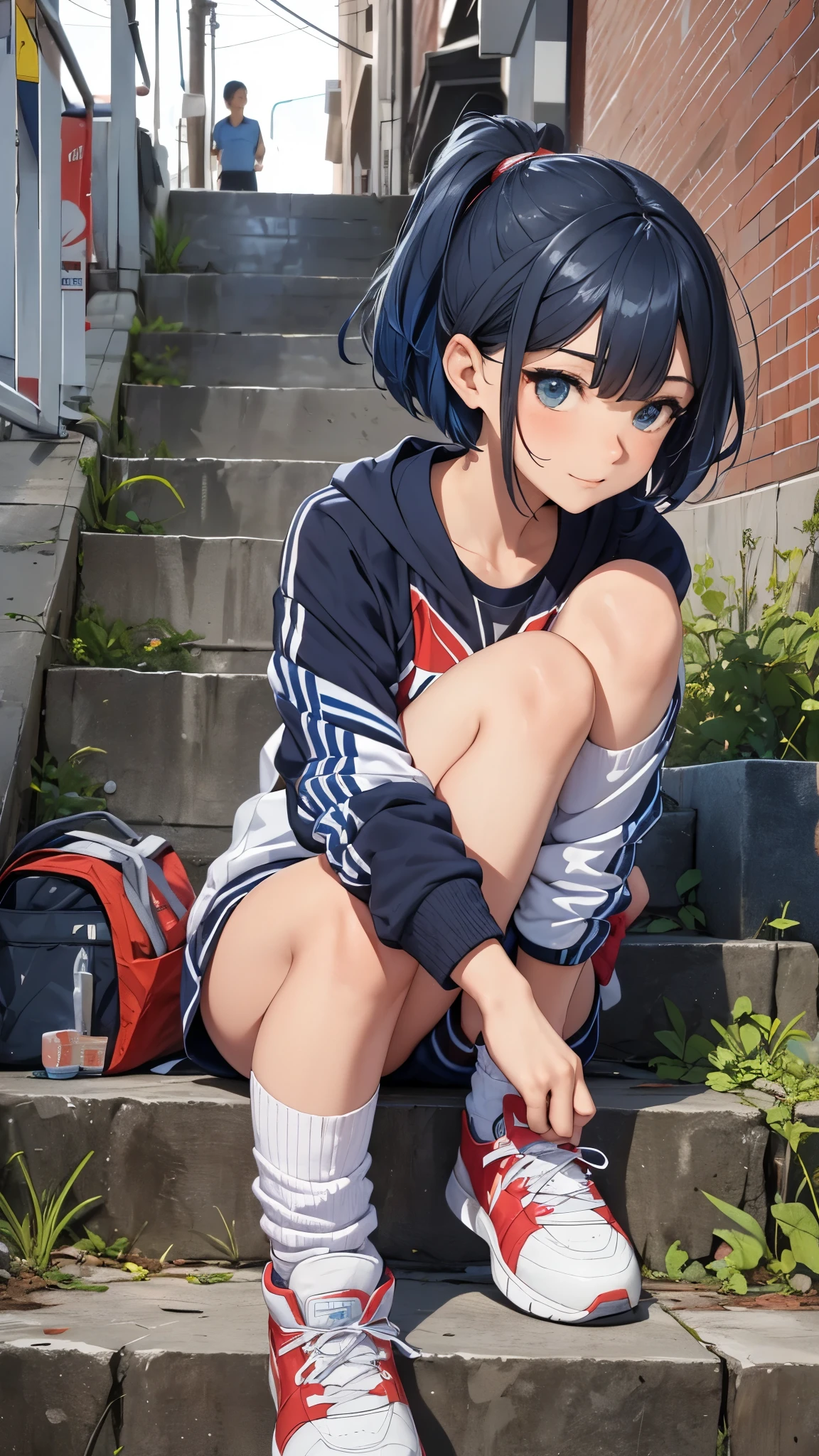One girl,short hair,blue hair mixed colored red hair,((jersey,sports style)),rage,laugh,grin,slender body,socks,sneakers.