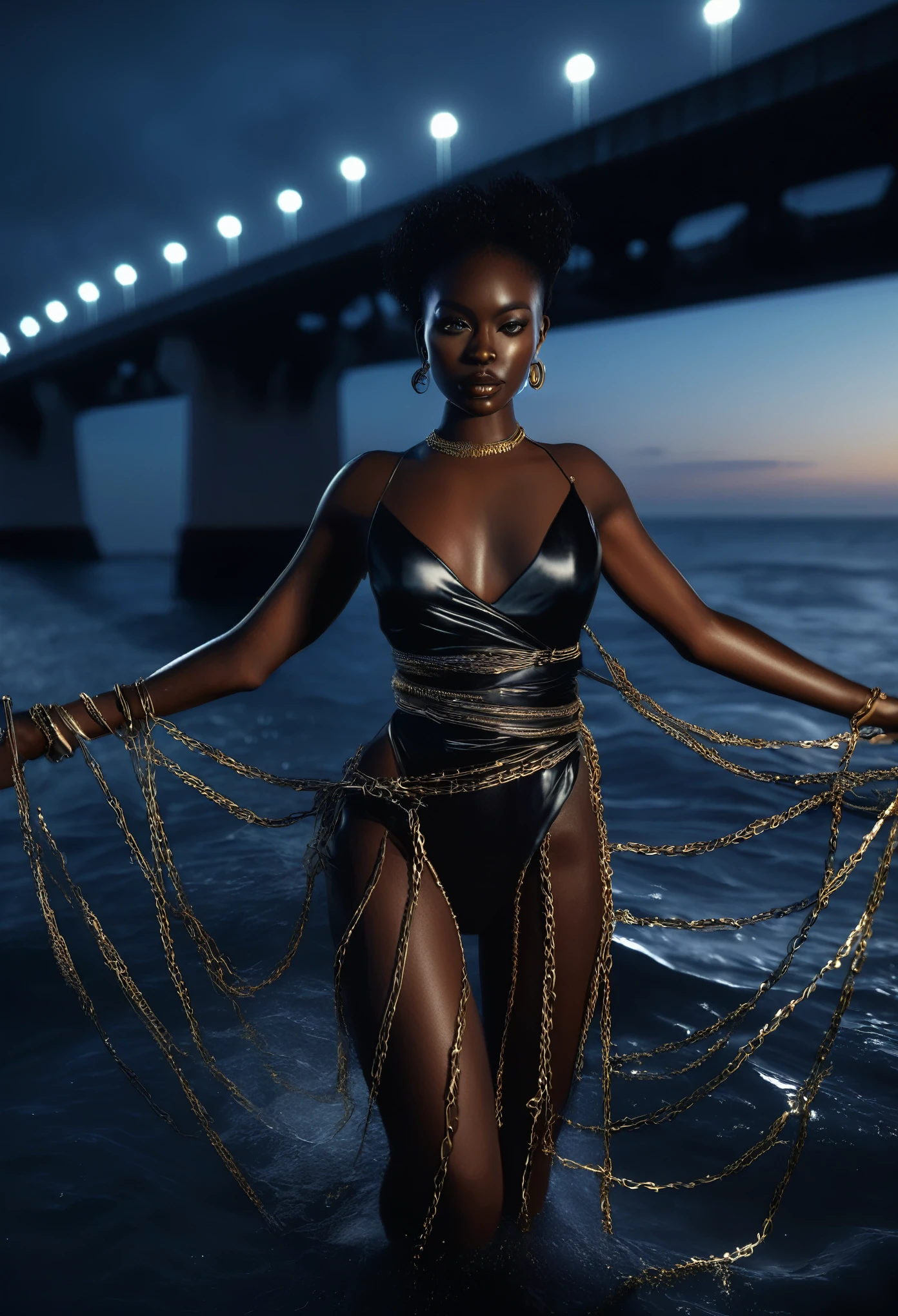 black woman dressed in silk casual model clothes, metallic chains wrapped around her body as she models across the bridge over the ocean, glowing ocean waves splashing water on her and lighting the scene, night time , 32k, ultra HD 