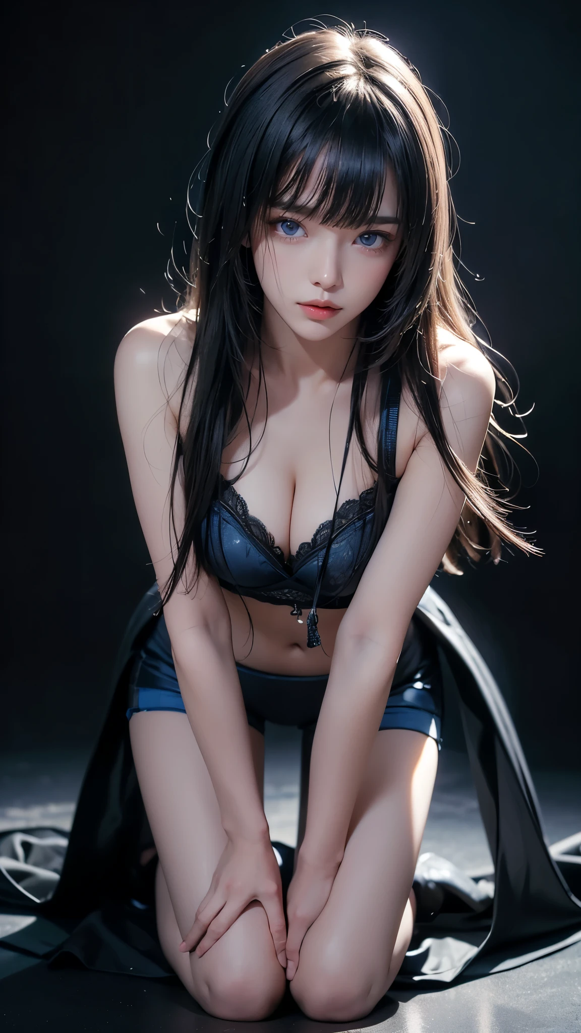 masterpiece, highest quality, Super detailed, Facing the camera, 複雑に詳細なSuper detailed, Realistic, Sharp features, Very detailed, Sharp focus, Perfect Face, Perfect symmetrical perfect eyes, Perfect Plump Lips, Flexible female form, Cinematic, Film Light, Super detailed, hyper Realistic, masterpiece, Atmospheric, High resolution, Vibrant, Dynamic Studio Lighting, ((Dark Background)), The expression when enduring pleasure, Straight bangs, blue eyes,Sexually aroused expression、Her black thong shorts are visible through the fabric、(((Kneeling)))