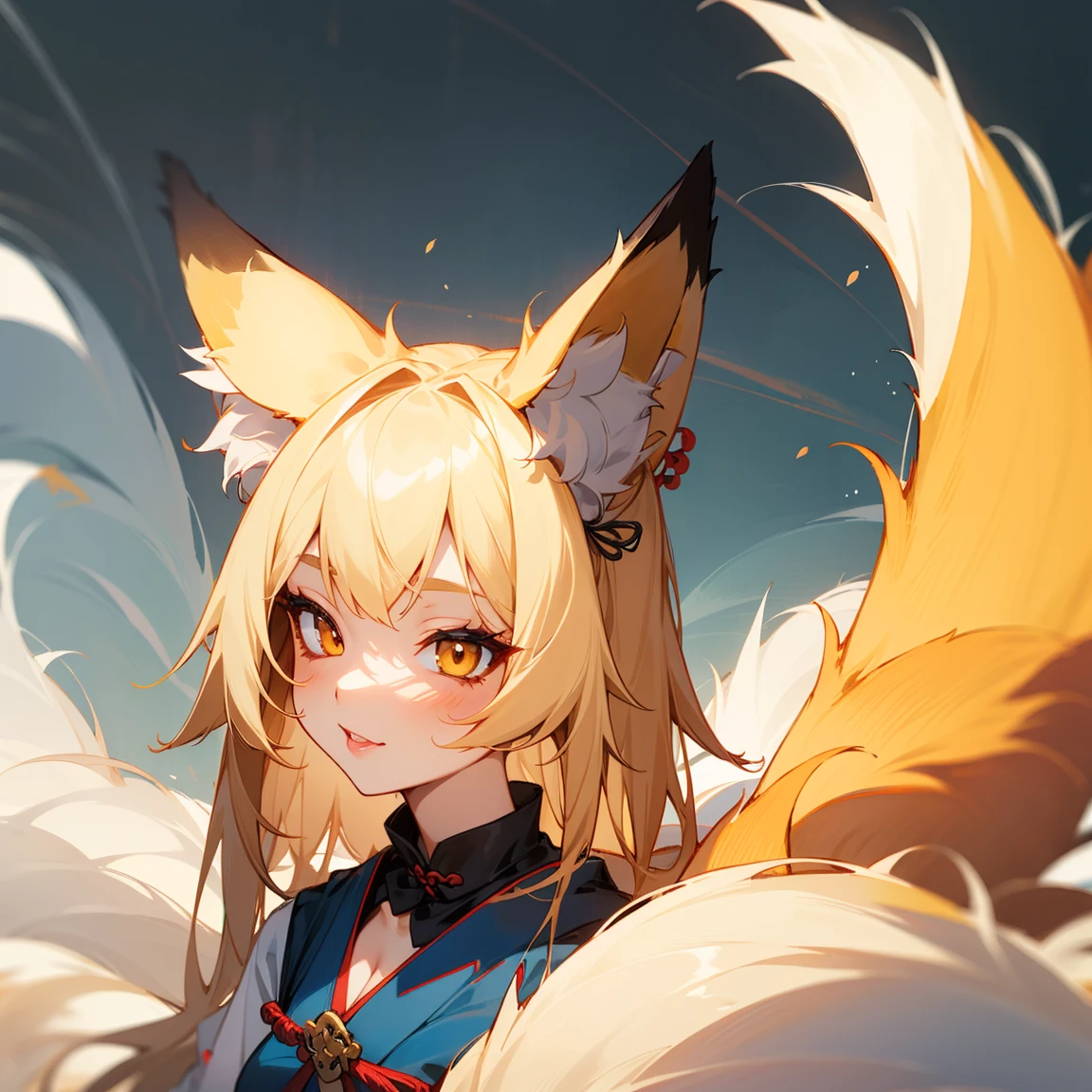 Fox Girl, Fox&#39;s Tail, Nine-Tailed Fox,Fox Ears, Black colored hair, Fox Makeup, Kimono with open chest,, Nice body, Avatar, face, Open chest, lewd face, Dominant representation, naughty face,Big Breasts,Emphasize cleavage,Show bare skin