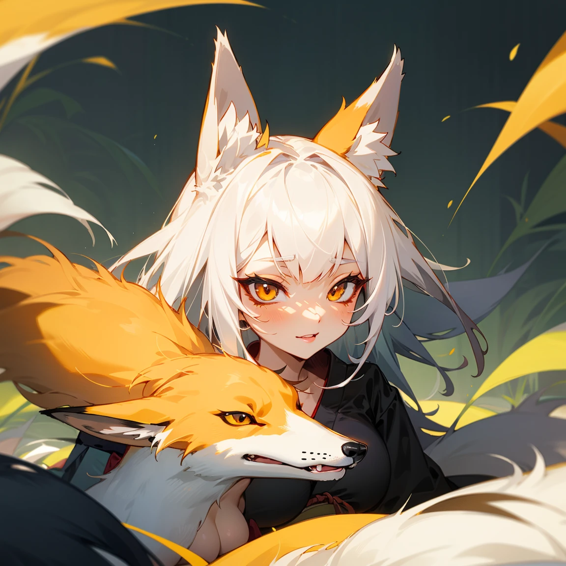 Fox Girl, Fox&#39;s Tail, Nine-Tailed Fox,Fox Ears, Black colored hair, Fox Makeup, Kimono with open chest,, Nice body, Avatar, face, Open chest, lewd face, Dominant representation, naughty face,Big Breasts,Emphasize cleavage,Show bare skin