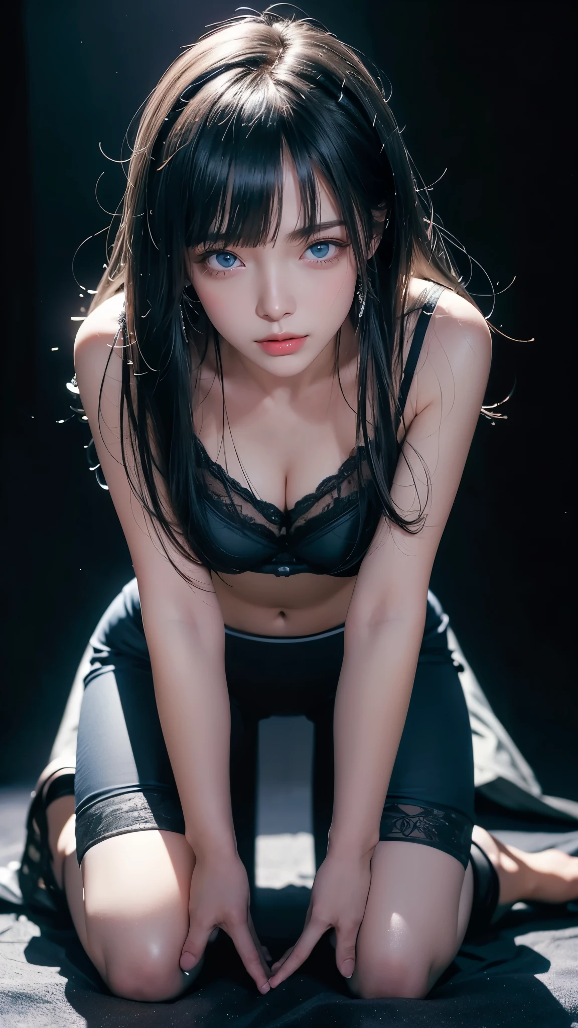 masterpiece, highest quality, Super detailed, Facing the camera, 複雑に詳細なSuper detailed, Realistic, Sharp features, Very detailed, Sharp focus, Perfect Face, Perfect symmetrical perfect eyes, Perfect Plump Lips, Flexible female form, Cinematic, Film Light, Super detailed, hyper Realistic, masterpiece, Atmospheric, High resolution, Vibrant, Dynamic Studio Lighting, ((Dark Background)), The expression when enduring pleasure, Straight bangs, blue eyes,Sexually aroused expression、Her black thong shorts are visible through the fabric、(((Kneeling)))