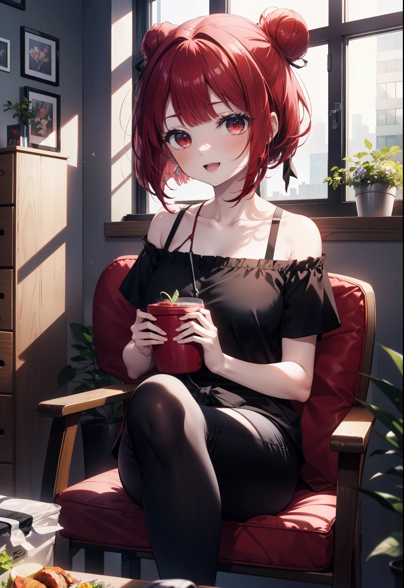 Arima etc.., Arima Kana, (Red eyes:1.5), Red Hair,Short Hair,Bob Hair,happy smile, smile, Open your mouth,Hair Bun, single  Hair Bun,Redhead,Off-the-shoulder shirt,Short sleeve,Exposing shoulders,skinny pants,Stiletto heels,sitting cross-legged on a chair,There is a lunch box on the table,whole bodyがイラストに入るように,Daytime,Clear skies,
壊す looking at viewer,whole body,
Breaking indoors,office,　　　　　　　　　　　　(masterpiece:1.2), highest quality, High resolution, unity 8k wallpaper, (shape:0.8), (Beautiful and beautiful eyes:1.6), Highly detailed face, Perfect lighting, Extremely detailed CG, (Perfect hands, Perfect Anatomy),