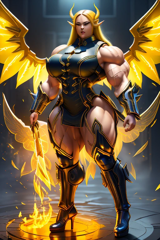 ((((Massive, beautiful, buff, light brown skinned, muscular woman with yellow hair, black lipstick, glowing gray eyes, huge wings, ginormous bulky muscles and wearing a beautiful long black futuristic armored cheongsam dress)))), {{close view}}, massive muscles, massive biceps, huge wings, hyper muscle triceps, (long flowing hair), gray eyes, beautiful long cheongsam dress, (gauntlets), high heels boots, in a sea of yellow flames, surrounded by yellow fire, night, smirk, hyper muscles arms, hyper muscle legs, massive arms.