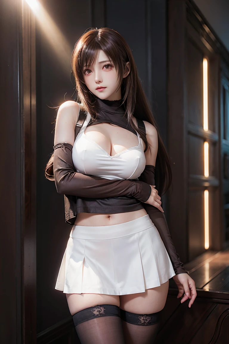 Tifa Lockhart, wallpaper, landscape, Depth of written boundary, night, Particles of light, light, Side lighting, Thighs, skirt, Red eyes, Brown Hair, Thigh-high socks, Arm Sleeves、Cleavage