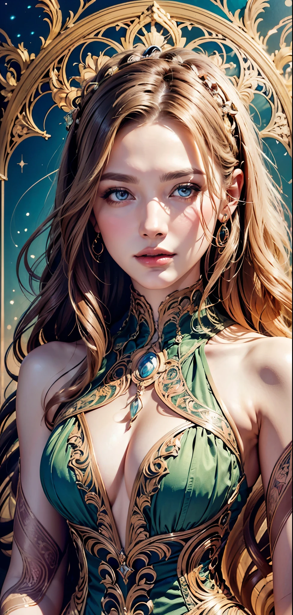 A glass-like smiling alien floral monument bioluminescence , humanoid structure entangled in a star light back ground, is displayed in out realms, stary background, concept art, feminine beauty, goddess with dark hair, (best quality,8K,highres,masterpiece), ultra-detailed, (surreal portrait of flawless Android beauty), The Android's long, messy "hair" consists of intricate circuitry patterns, adding to the surreal and futuristic aesthetic.