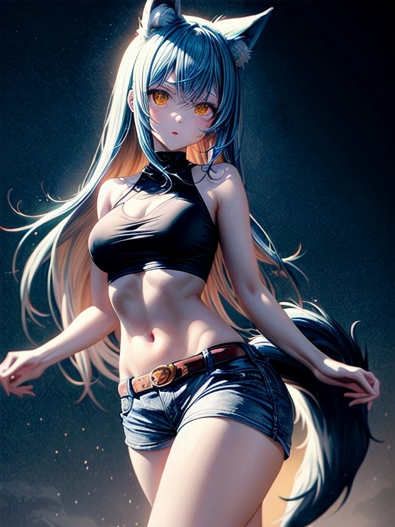 1girl, (masterpiece), best quality, expressive eyes, perfect face, long hair, medium breasts, navel, animal ears, ((cyan hair)), standing, tail, ((yellow eyes)), shorts, midriff, belt, crop top, ((animal ear fluff)), short shorts, ((wolf ears)), ((wolf tail)), ((wolf girl))