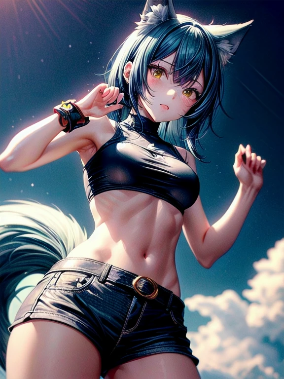1girl, (masterpiece), best quality, expressive eyes, perfect face, long hair, medium breasts, navel, animal ears, ((cyan hair)), standing, tail, ((yellow eyes)), shorts, midriff, belt, crop top, ((animal ear fluff)), short shorts, ((wolf ears)), ((wolf tail)), ((wolf girl))
