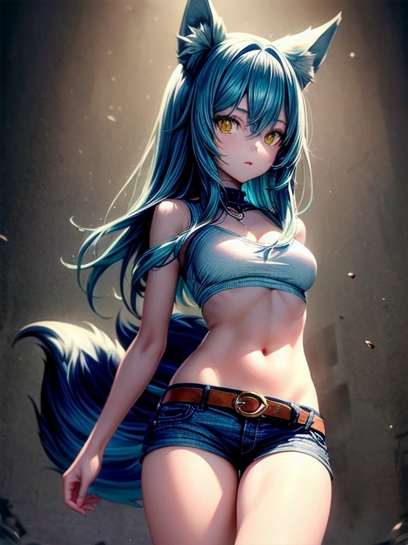 1girl, (masterpiece), best quality, expressive eyes, perfect face, long hair, medium breasts, navel, animal ears, ((cyan hair)), standing, tail, ((yellow eyes)), shorts, midriff, belt, crop top, ((animal ear fluff)), short shorts, ((wolf ears)), ((wolf tail)), ((wolf girl))