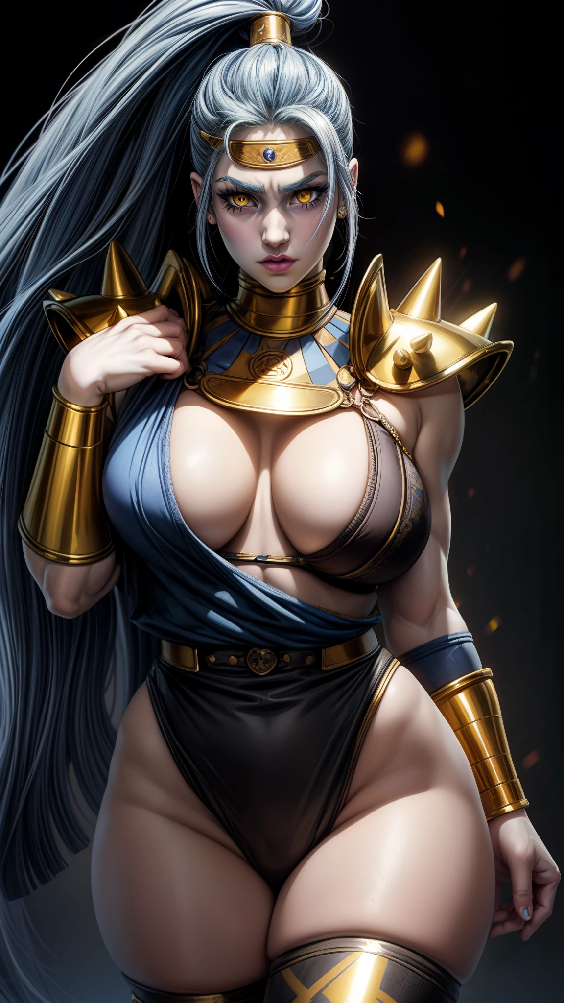1girl, solo, megaerahades,yellow eyes, pale blue skin, slightly darker blue hair, detailed face, breasts, single wing, nose piercing, armor, ((muscular female)), ((cartoon)), large breasts, thick thighs, curvy hips