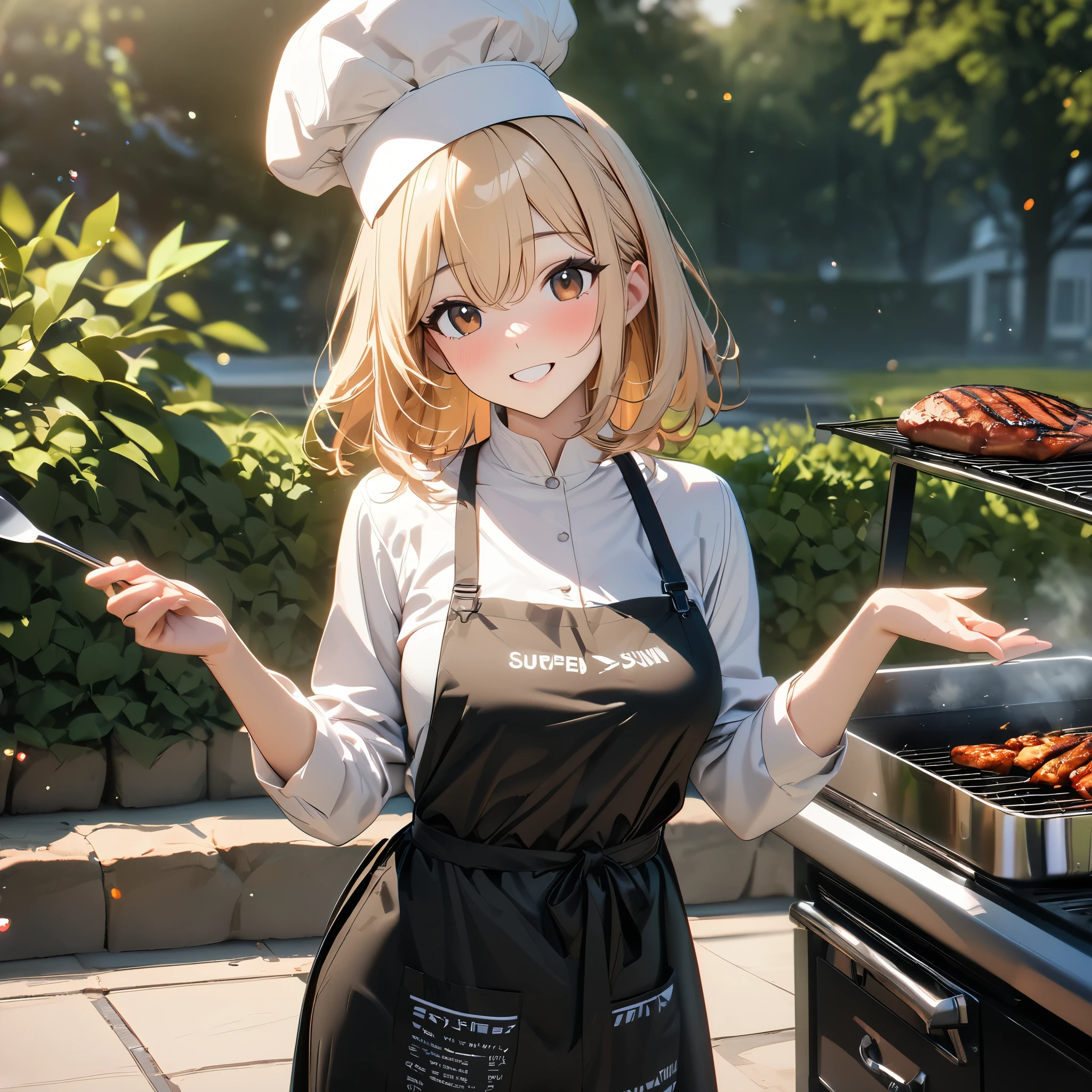 A woman in white kitchen clothes, with a black apron with kanji written on the apron, with a steel spatula, near a luxurious barbecue grill, in the garden of a modern house, a place with a lawn, a place with trees and mountains on the right side of the background , with the sun creating a light, short blonde hair, red bangs, red multicolored hair, brown eyes, white chef's hat, perfect eyes, smile, perfect face, UHD, masterpiece, precise, anatomically correct, textured skin , super details, high quality, best quality, 8k, high resolution, bokeh effect. (woman alone) UHD, masterpiece, accurate, anatomically correct, textured skin, super detail, high quality, best quality, 8k, high resolution, bokeh effect.(woman solo)