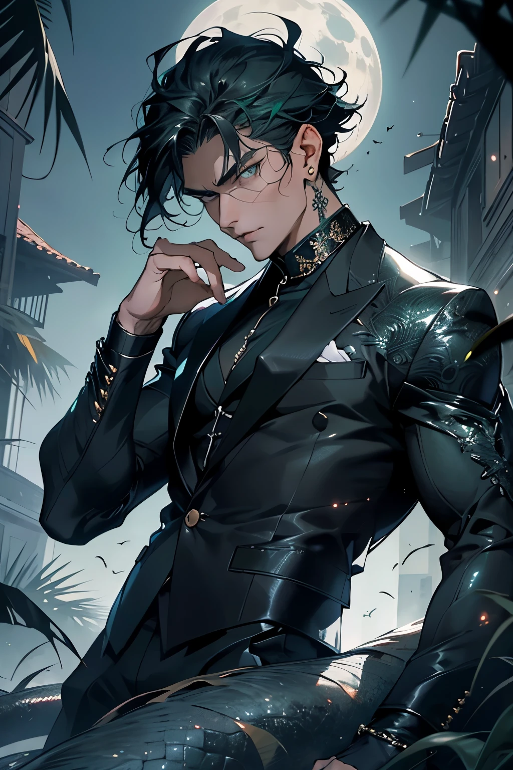 A majestic and sensual figure of a man is highlighted against the tranquil backdrop of a moonlit scene. His dark green elegantly tailored suit, adorned with silver details, accentuates his muscular physique, imposing in its presence. The moon, a silvery disc, casts a soft glow upon him, illuminating his piercing green eyes, which seem to radiate an otherworldly aura with their dragon-like pupils. His short, black hair contrasts sharply with his fair, radiant skin, adding to the allure of this nocturnal scene. The cool, calculated air of mystery that surrounds him amplifies the sensuality that emanates