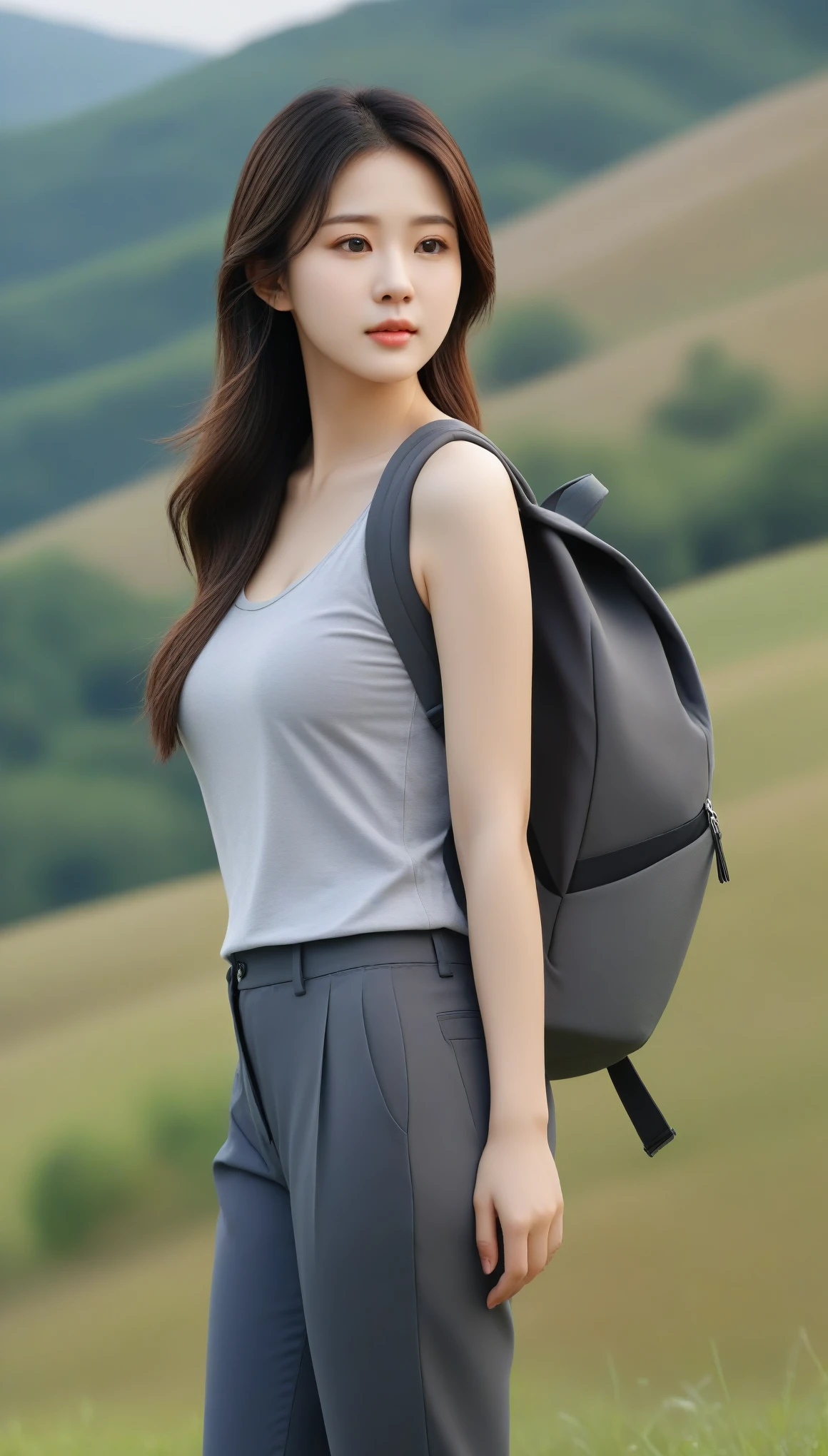 close-up of beautiful korean female, 34 inches breasts size, wearing gray tank top, pants, with backpack, on the hill, UHD