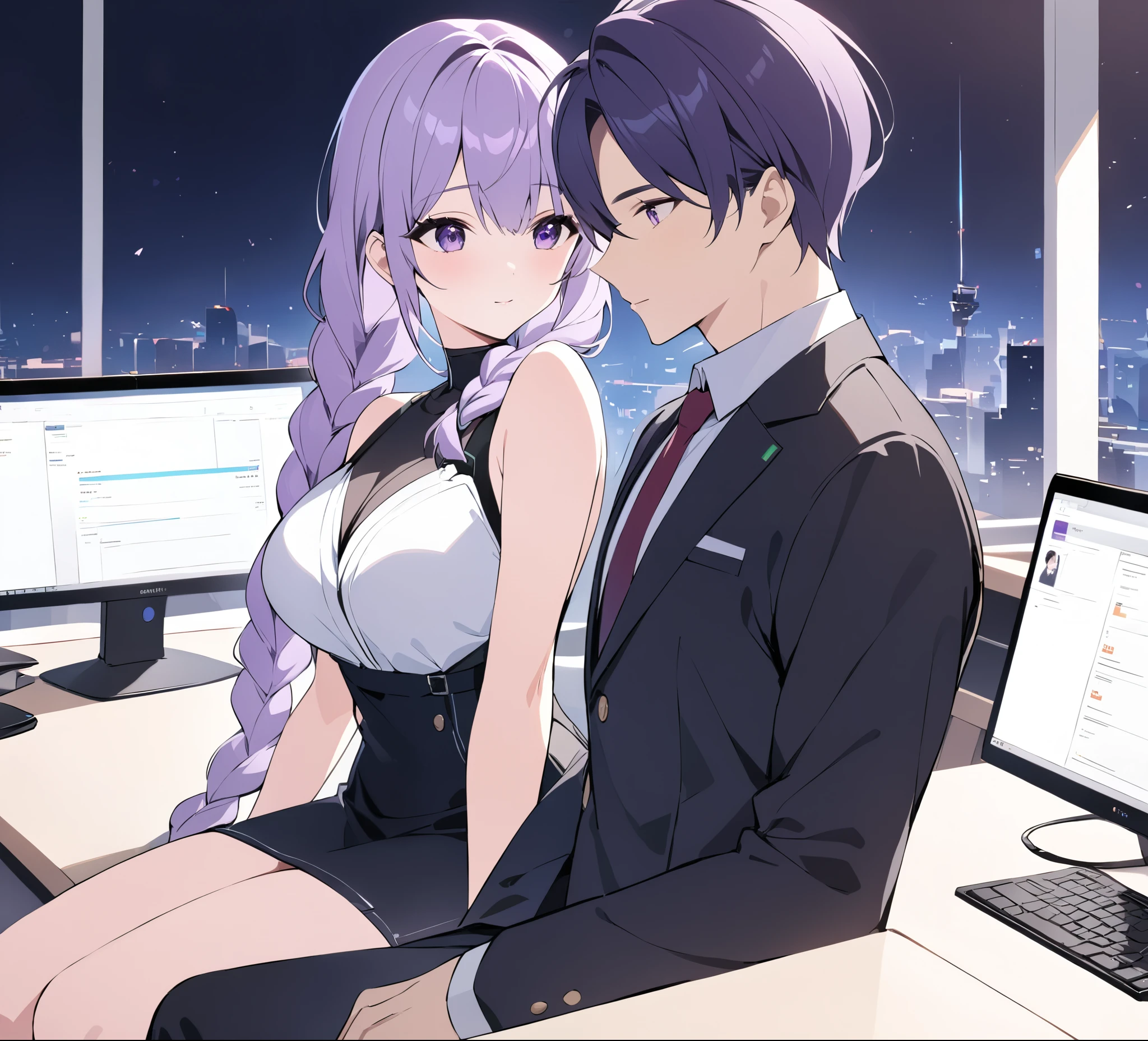 A captivating illustration portraying a blossoming romance between a man and a woman((1 male, 1 woman with purple and white gradient double braids)) in the office. The art form resembles a subtle and sophisticated digital painting, capturing the nuances of their relationship. The scene is set in a modern office space, with sleek desks, computers, and a backdrop of bustling professionals. The man and woman are seated close to each other, engrossed in a heartfelt conversation. Their body language exudes warmth and familiarity, hinting at their connection. Soft, natural lighting fills the room, creating a warm and inviting atmosphere. The overall result is a tender depiction of an office romance, showcasing the delicate balance between work and love in a professional setting.