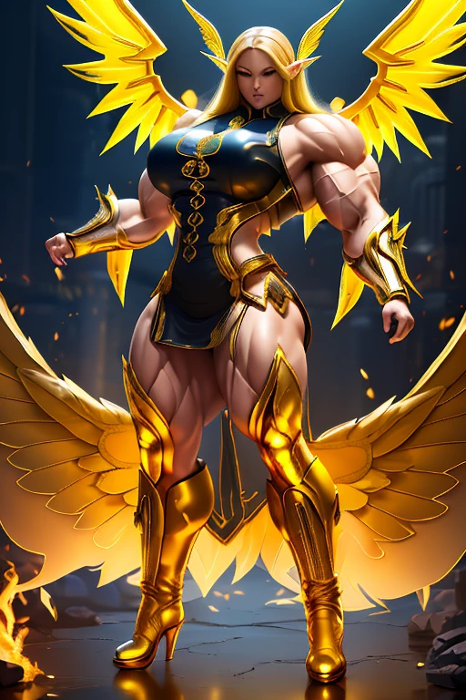 ((((Massive, beautiful, buff, light brown skinned, muscular woman with yellow hair, black lipstick, glowing gray eyes, huge wings, ginormous bulky muscles and wearing a beautiful long black futuristic armored cheongsam dress)))), {close view}, massive muscles, massive biceps, huge wings, hyper muscle triceps, (long flowing hair), gray eyes, beautiful long cheongsam dress, (gauntlets), high heels boots, in a sea of yellow flames, surrounded by yellow fire, night, smirk, hyper muscles arms, hyper muscle legs, massive arms.