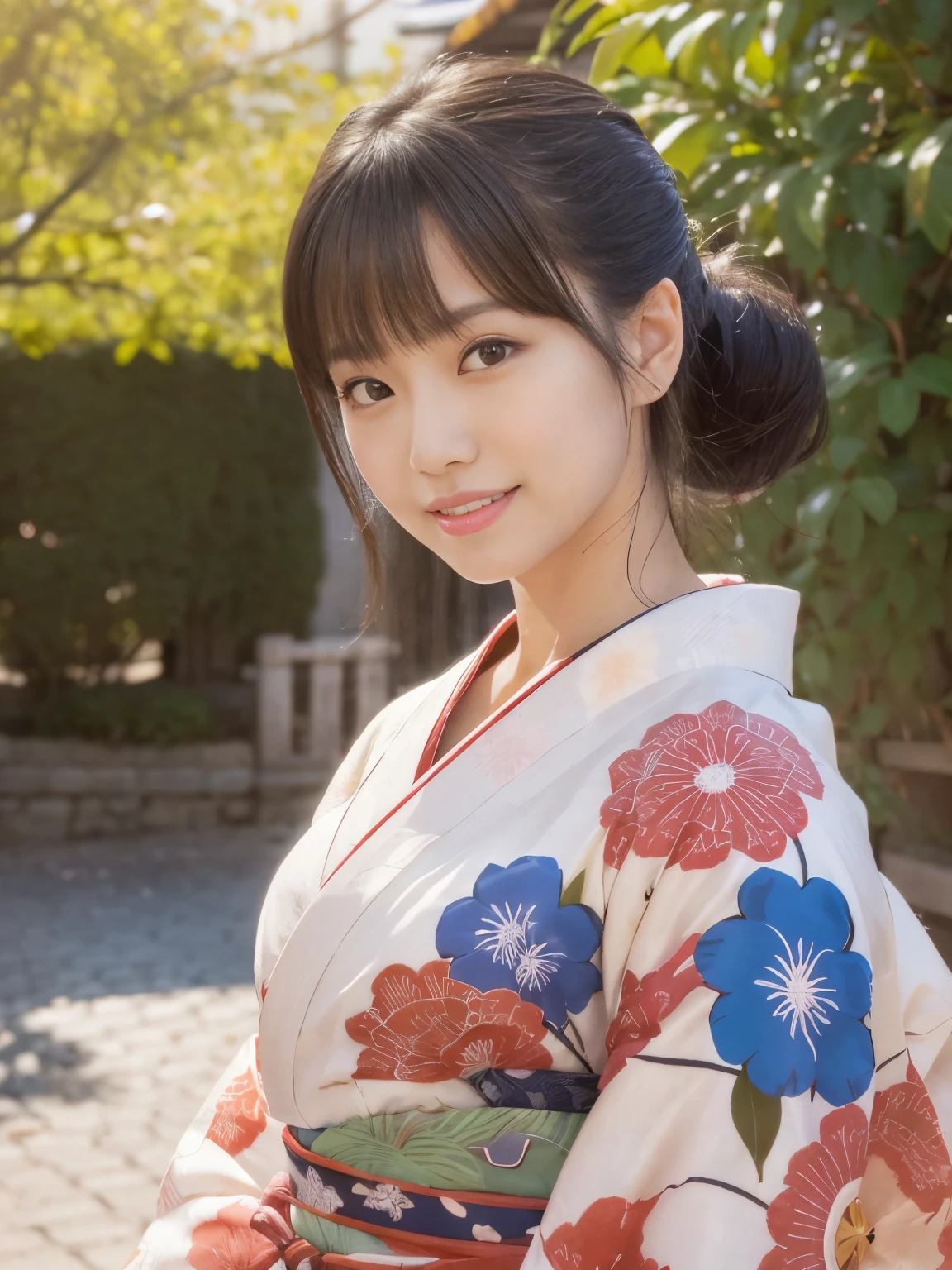 (highest quality, 32k, High resolution, masterpiece:1.5, ), internal_jet, Transparent air, Beautiful Japanese Girl, one person, Very beautiful face, Shiny black hair, ponytail, Asymmetrical bangs, Magic big eye, A loving look, double eyelid, clear, Smooth, White skin, Pale pink lips, White and perfect teeth, Natural Makeup, Motherhood and generosity, (A fleeting smile:0.7), red kimono, ((traditional Japanese Yukata)), Dazzling summer sunlight, Japanese cityscape, detailed blue sky, Professional Lighting, Professional Photographer, Professional Model, Mysterious