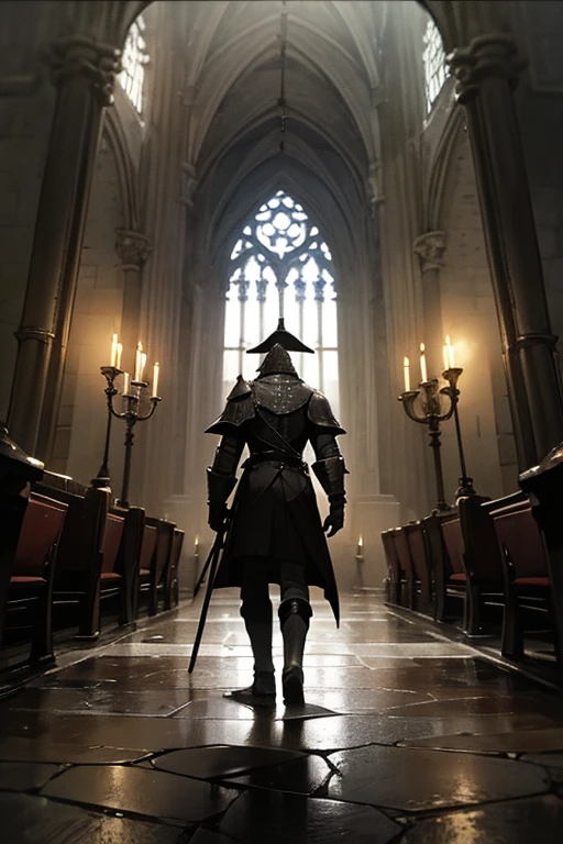 fisheye lens, portrait photo of medieval knight standing inside a gothic church, wet stone, puddles, infinite vaults, bloodborne, dramatic light, low key, candle light