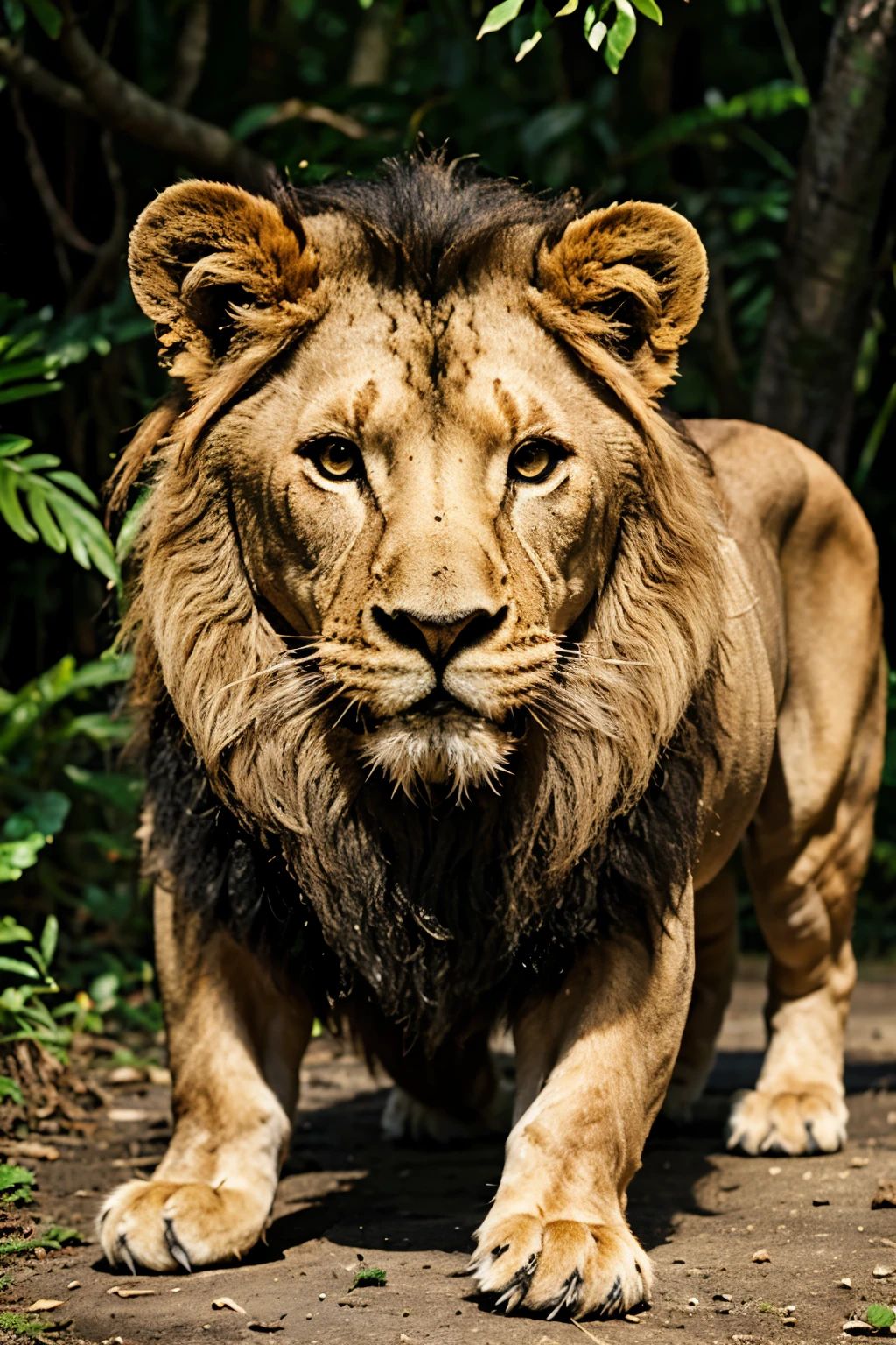 A small lion,juba grande, dentes afiados em companhia de outros animais em uma floresta.