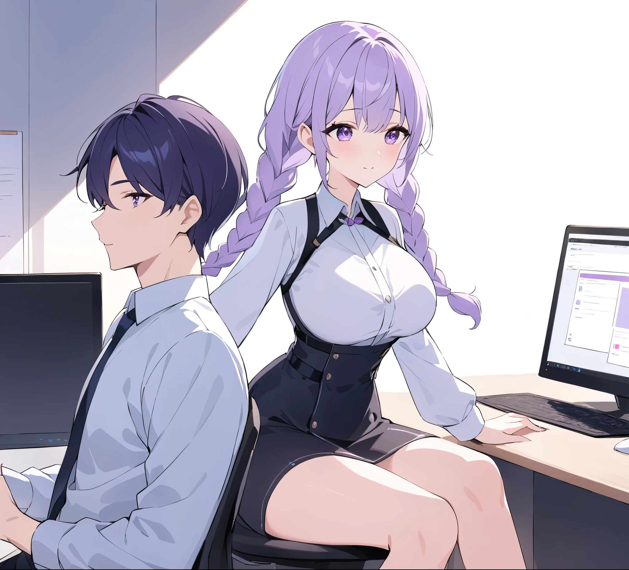 A captivating illustration portraying a blossoming romance between a man and a woman((1 male, 1 woman with purple and white gradient double braids)) in the office. The art form resembles a subtle and sophisticated digital painting, capturing the nuances of their relationship. The scene is set in a modern office space, with sleek desks, computers, and a backdrop of bustling professionals. The man and woman are seated close to each other, engrossed in a heartfelt conversation. Their body language exudes warmth and familiarity, hinting at their connection. Soft, natural lighting fills the room, creating a warm and inviting atmosphere. The overall result is a tender depiction of an office romance, showcasing the delicate balance between work and love in a professional setting.