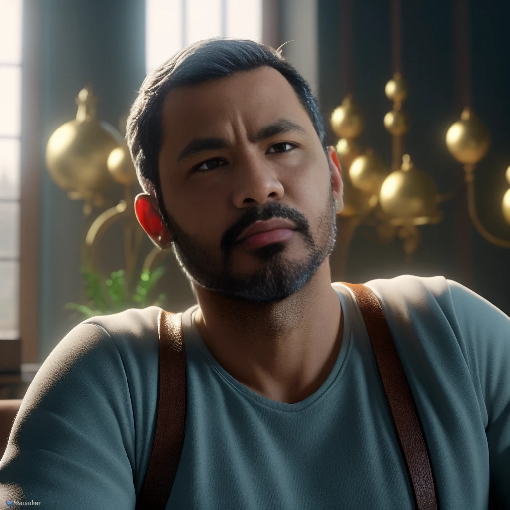 there is a man with a beard and suspenders looking at something, 8k portrait render, cinematic realistic portrait, ps5 cinematic screen capture, rendered in unreal engine 5, detailed cinematic render, rendered in 8 k unreal engine, rendered in unreal 5, realistic face moody lighting, soft portrait shot 8 k, small character. unreal engine 5, cinematic 3d render