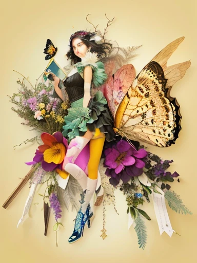 there is a woman that is holding a butterfly and a flower, mixed media style illustration, magazine collage style, collage artwork, hd mixed media collage, a contemporary artistic collage, contemporary collage, collage art, bold colours, hd mixed media 3d collage, hd 3d mixed media collage, magazine collage art, digital collage, bold 3 d, bold natural colors