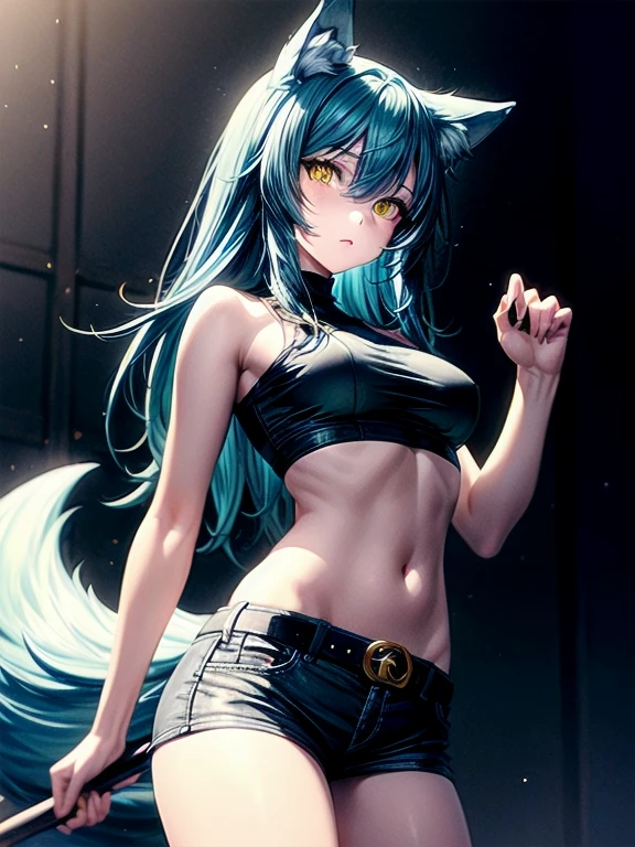 1girl, (masterpiece), best quality, expressive eyes, perfect face, long hair, medium breasts, navel, animal ears, ((cyan hair)), standing, tail, ((yellow eyes)), shorts, midriff, belt, crop top, ((animal ear fluff)), short shorts, ((wolf ears)), ((wolf tail)), ((wolf girl))