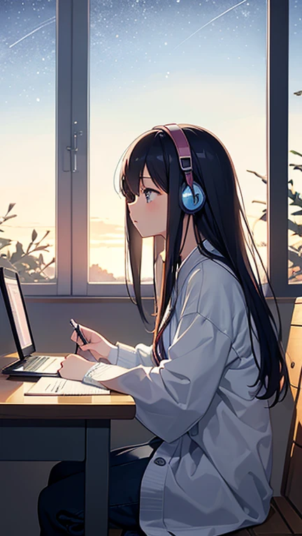 A beautiful girl studying while listening to music in her room、Dim lighting、Outside the window is a starry sky、Japanese anime style
