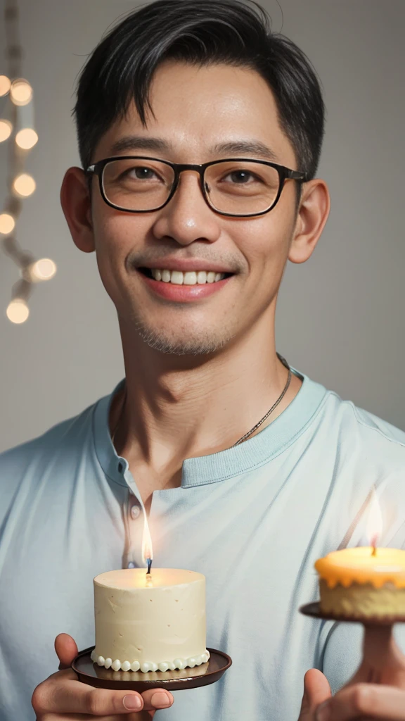 (This photo captures the captivating moment of a short-haired, bespectacled Indonesian man in his 40s joyfully celebrating his birthday. The bright smile on his face radiates happiness, accompanied by simple yet meaningful birthday decorations. The candles on the cake glow, creating a warm celebratory atmosphere.),(best quality, 4k, highres, masterpiece:1.2), ultra-detailed, (realistic, photorealistic:1.37), portraits, vibrant colors, soft lighting