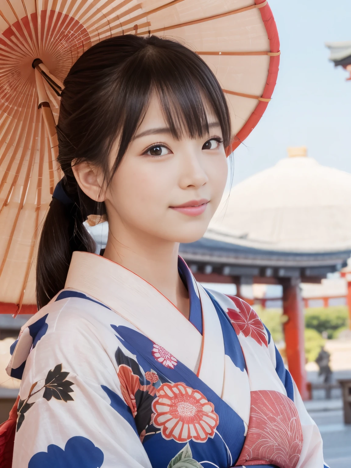 (highest quality, 32k, High resolution, masterpiece:1.5, ), internal_jet, Transparent air, Beautiful Japanese Girl, one person, Very beautiful face, Shiny black hair, ponytail, Asymmetrical bangs, Magic big eye, A loving look, double eyelid, clear, Smooth, White skin, Pale pink lips, White and perfect teeth, Natural Makeup, Motherhood and generosity, (A fleeting smile:0.7), red kimono, ((traditional Japanese Yukata)), Dazzling summer sunlight, Japanese cityscape, detailed blue sky, Professional Lighting, Professional Photographer, Professional Model, Mysterious