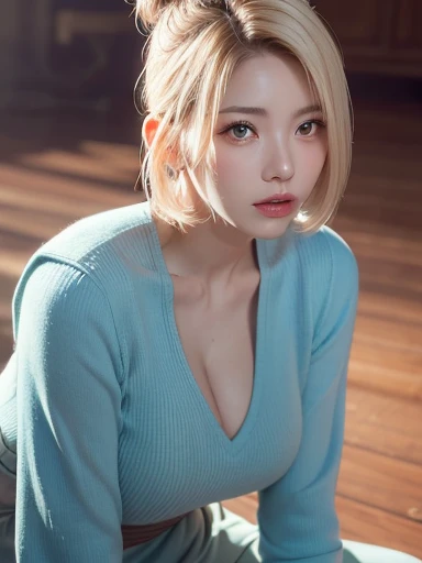 A young and sensual woman, 33 years old, Light blonde hair bun , Sensual and seductive look theme, (Full Waist Fade:1.3), Colorful Themes, Calm tone, Calm colors, High Contrast, (Realistic and natural skin texture, realism, Gradient Lights, Sharp focus ), Above Knee Pose , Moist ,Cleavage 