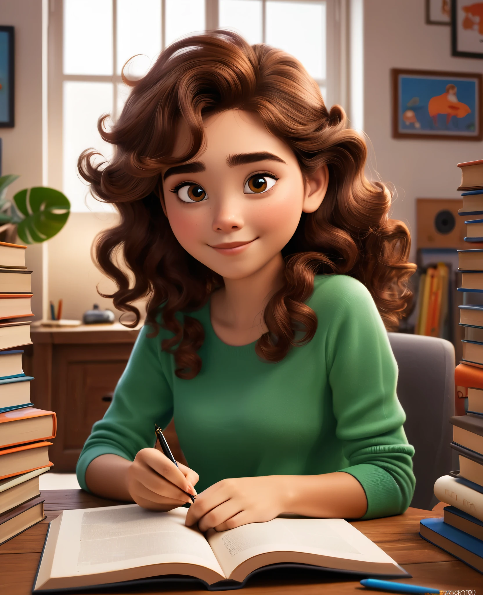 crie uma imagem estilo pixar de uma jovem garota de pele clara, com cabelos marrom castanhos, cabelos com um comprimento longo e bem cacheados e enrolados, olhos castanhos, doesn&#39;t wear glasses, She has big heart shaped lips.
Ela esta sentada em uma cadeira lendo um LIVRO apoiada em sua mesa, em um final de uma tarde, inside a cozy office with cute decor
