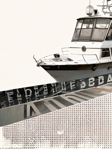 there is a boat that is sitting on the water with a sign, graphic detail, photo illustration, boat, boat in foreground, digital collage, ( collage ), by Robert Feke, cut up collage, inspired by Edward Ruscha, halftone effect, halftone print, low resolution, high-contrast, high - contrast, magazine collage