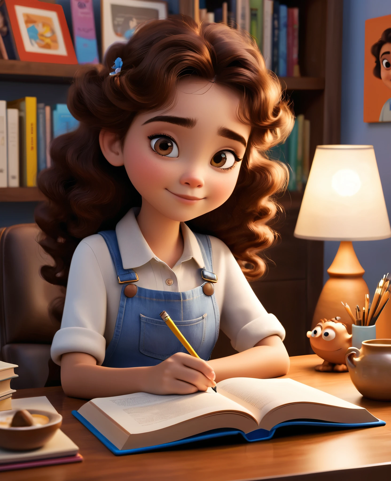 crie uma imagem estilo pixar de uma jovem garota de pele clara, com cabelos marrom castanhos, cabelos com um comprimento longo e bem cacheados e enrolados, olhos castanhos, doesn&#39;t wear glasses, She has big heart shaped lips.
Ela esta sentada em uma cadeira lendo um LIVRO apoiada em sua mesa, em um final de uma tarde, inside a cozy office with cute decor
